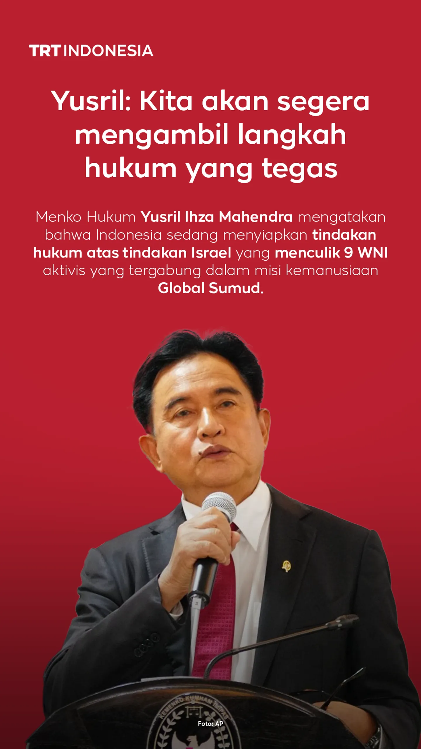 Indonesia akan mengambil tindakan hukum terhadap Israel terkait aktivis GSF yang ditahan