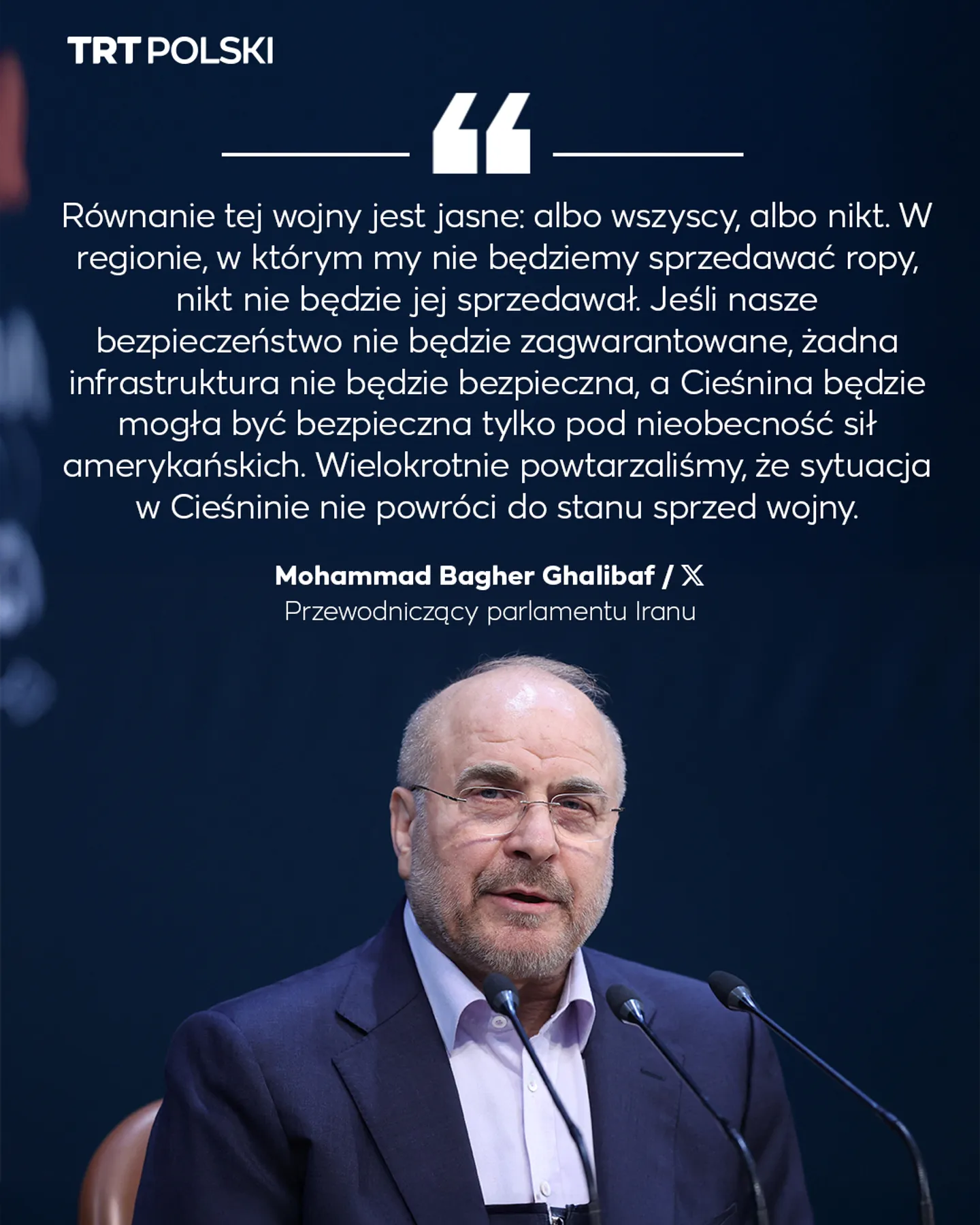Mohammad Bagher Ghalibaf: Cieśnina Ormuz nie wróci do stanu sprzed wojny