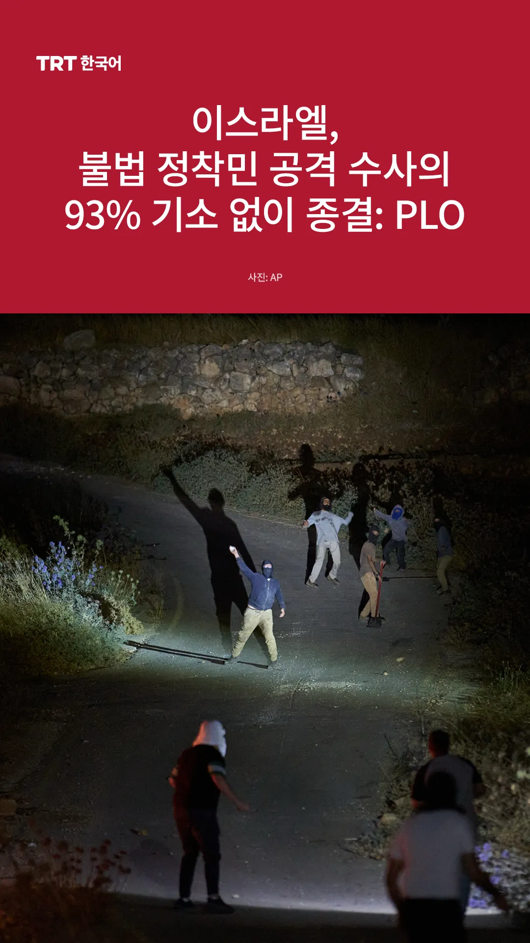 이스라엘, 불법 정착민 공격 수사의 93% 기소 없이 종결: PLO