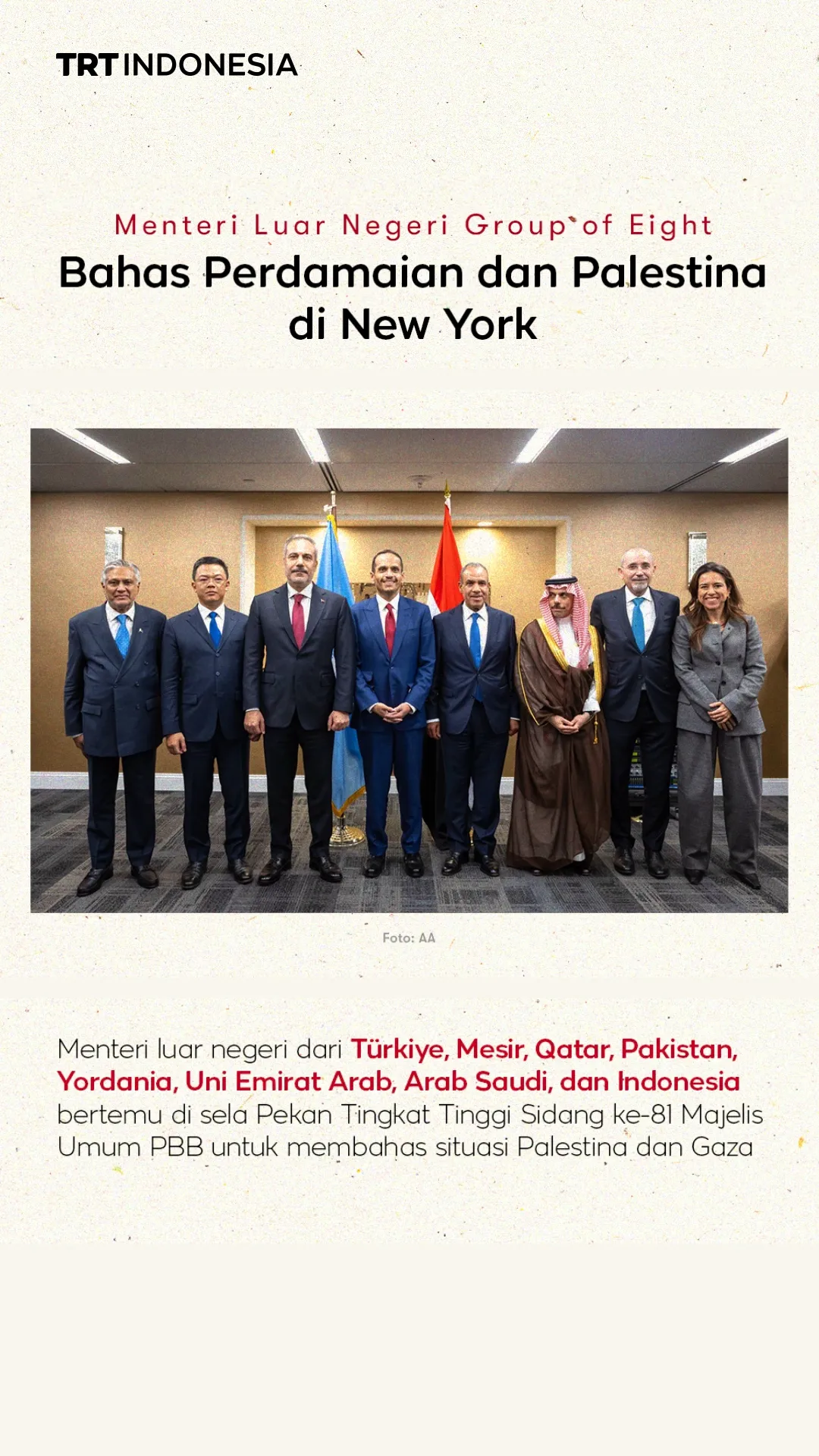 Menteri Luar Negeri Group of Eight Bahas Perdamaian dan Palestina di New York