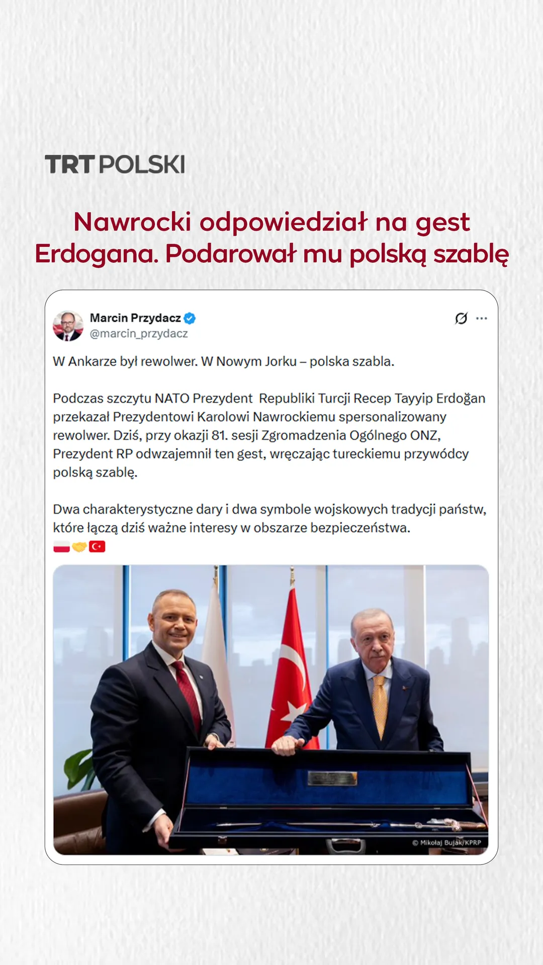 Nawrocki odpowiedział na gest Erdogana. Podarował mu polską szablę