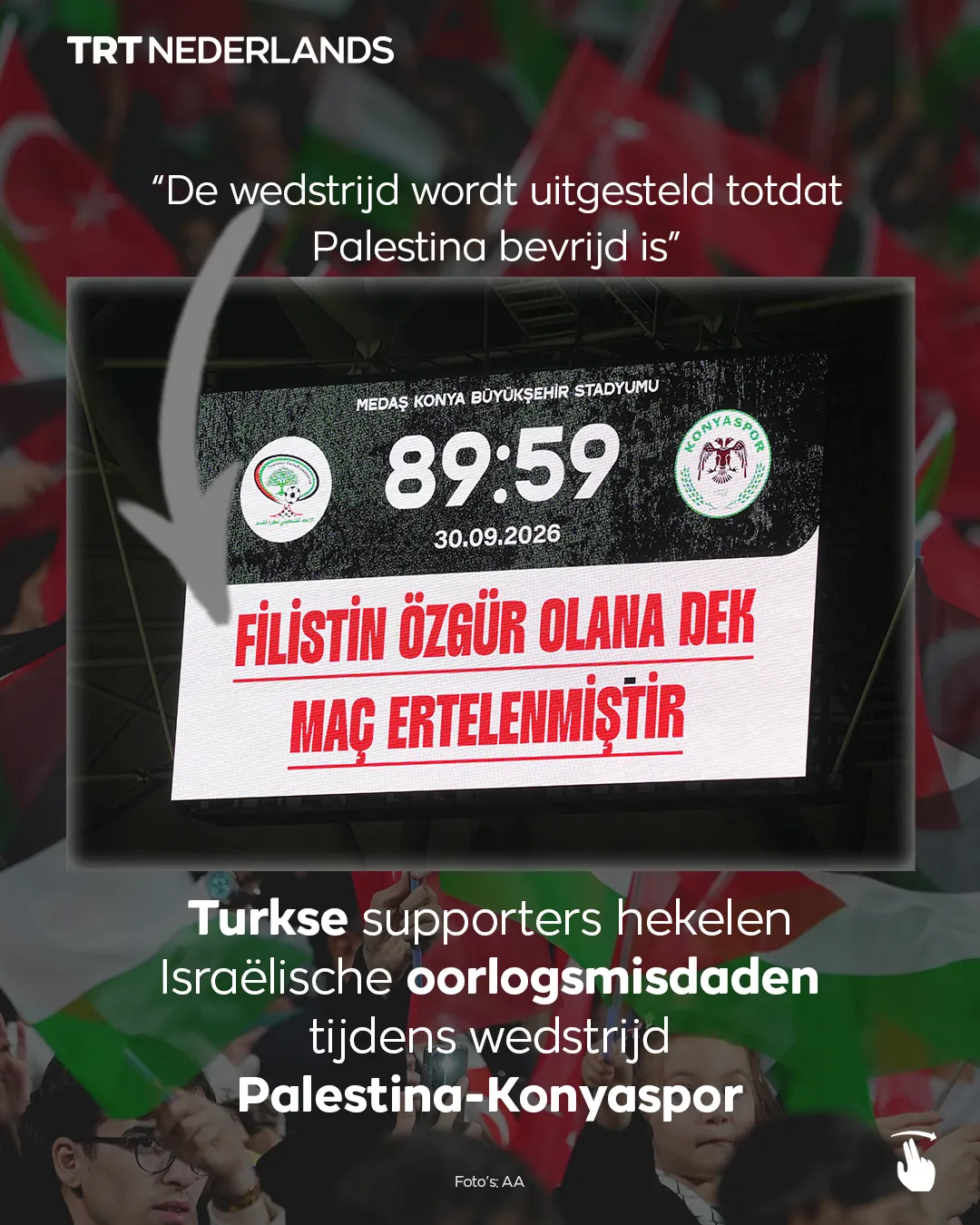 Turkse supporters hekelen Israëlische oorlogsmisdaden tijdens wedstrijd Palestina-Konyaspor