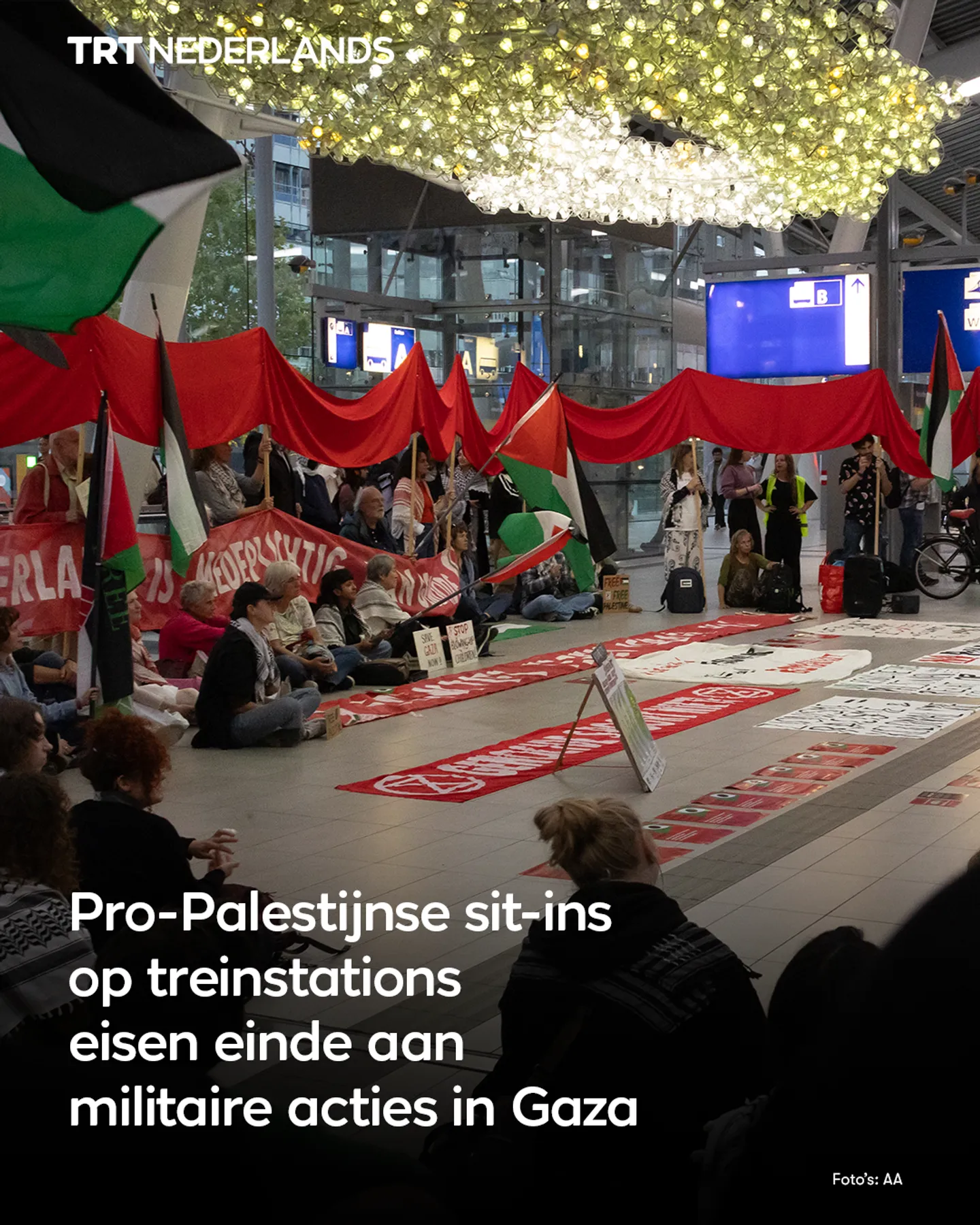 Pro-Palestijnse sit-ins op stations over heel Nederland eisen einde aan militaire acties in Gaza